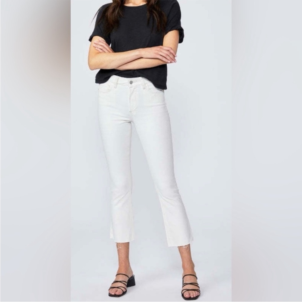 Paige Collette Crop Flare raw hem Jeans in Golden Sand Off White | 29